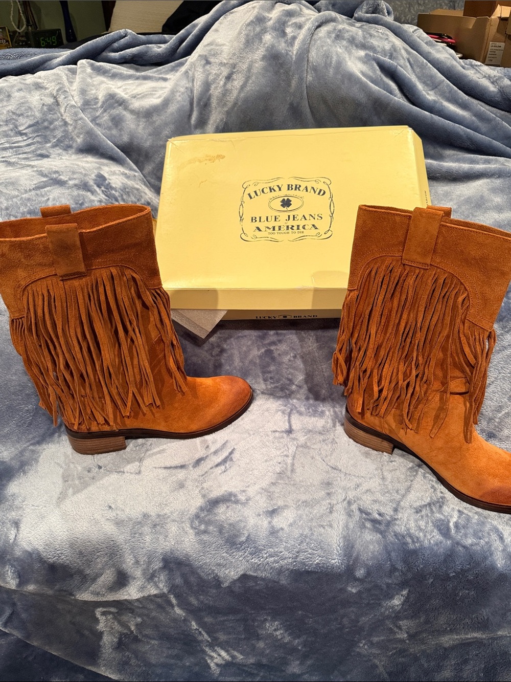 Lucky Brand Cognac Suede Fringe Mid-Calf Boots